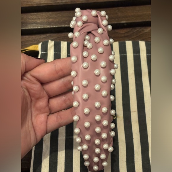 Lele Sadoughi Pink Leather Knotted Headband with Pearls - Picture 3 of 4
